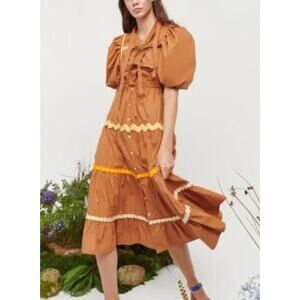 Celia B Tyra Midi Dress Scallop Ruffles Ric Rac Trim Brown Cotton Size XS NWT